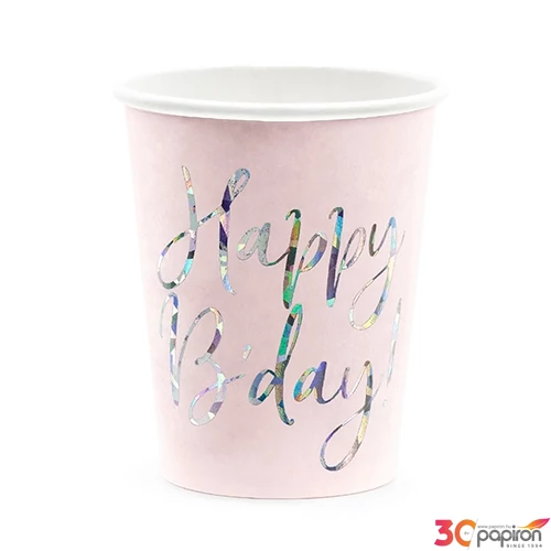 Party pohár 220ml papír, púder pink Happy b'day felirattal 6db/csomag