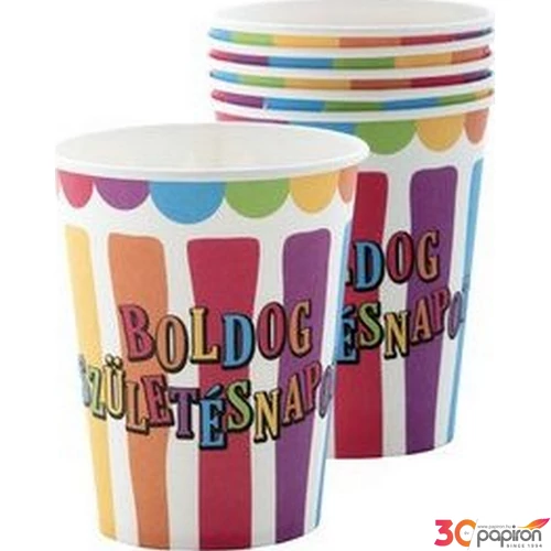 Party pohár csíkos-pöttyös Boldog születésnapot! 6db/cs. 250 ml