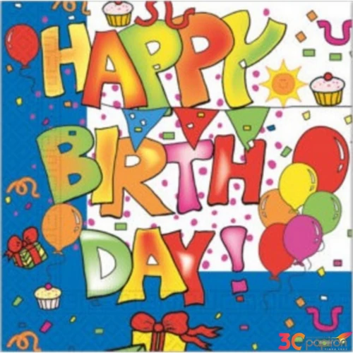 Party szalvéta 33x33cm 20db/csomag, Happy Birthday kék