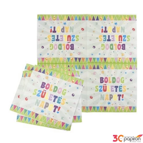 Party szalvéta 33x33cm 2rétegű Boldog Születésnapot feliratos, zászlós (16db/csomag)