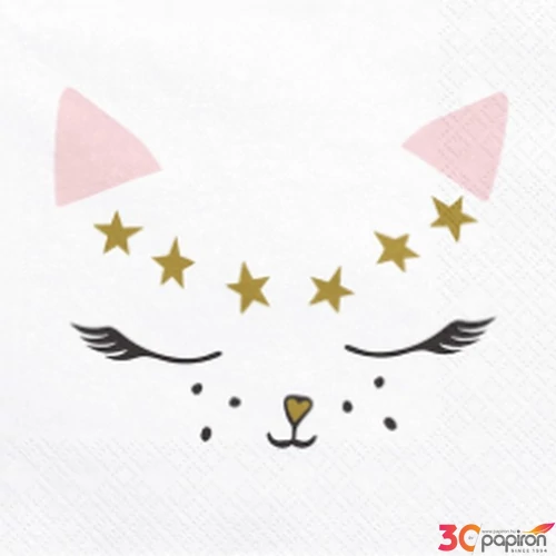 Party szalvéta cicás rózsaszín, Meow felirattal cica fejjel 20db/csomag