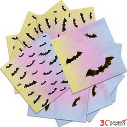 Party szalvéta Halloween 33x33cm 3rétegű 16db/csomag Metalizált arany Denevér mintás pasztel
