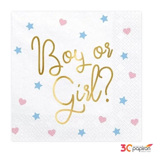 Party szalvéta PartyDeco '24 BOY OR GIRL szalvéta, fehér 20 db, 33x33 cm
