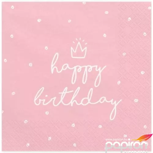 Party Szalvéta PartyDeco 3rétegű 33x33cm-es, rózsaszín Happy Birthday felirattal