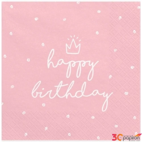 Party szalvéta PartyDeco 3rétegű 33x33cm-es, rózsaszín Happy Birthday felirattal