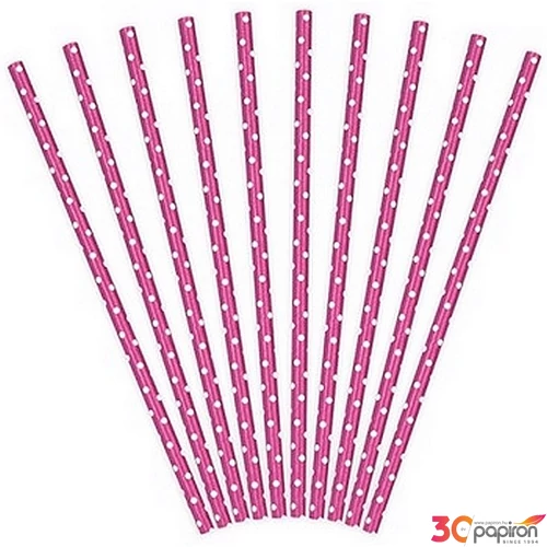 Party szívószál 19,5cm pöttyös fehér-rózsaszín papír (10db/cs.) papír (10db/cs.)