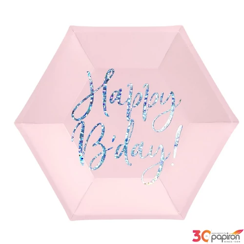 Party tányér 20cm Happy Birthday hatszögletű pink 5db/csom