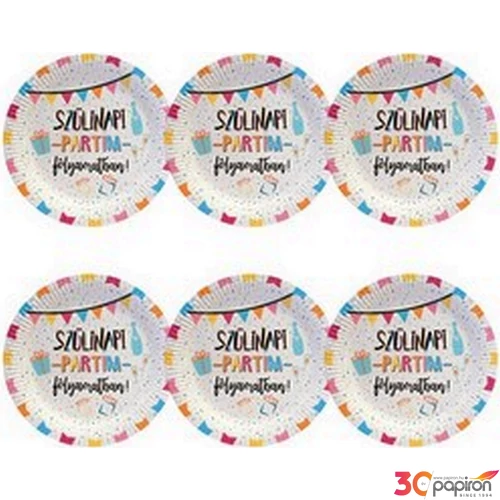 Party tányér 23cm Szülinapi Partim Folyamatban! feliratú (6db/csomag) dekor mintás papír tányér