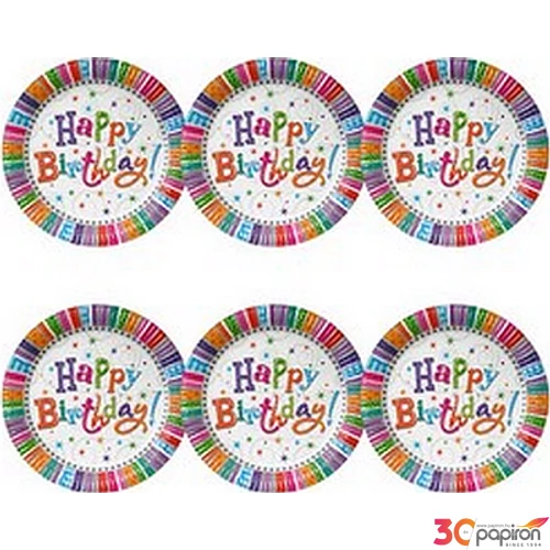 Party tányér 23cm szülinapi radiant, "Happy Birthday!"felirattal (6db/csomag)