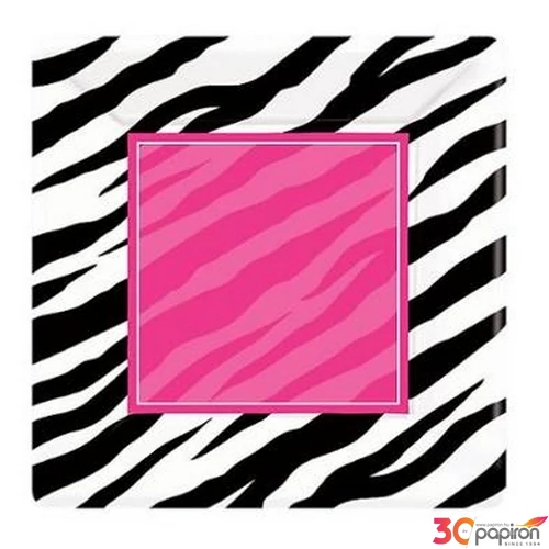 Party tányér 26x26cm Zebra csíkos fekete/pink 8db/csomag