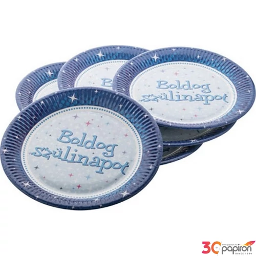 Party tányér papír 23cm Boldog szülinapot feliratos, kék (6db/csomag)