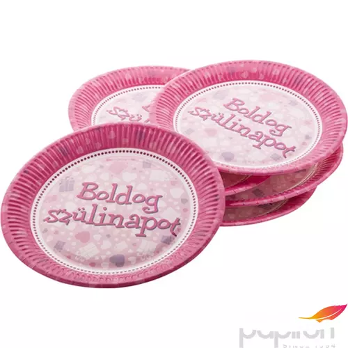 Party tányér papír 23cm Boldog szülinapot feliratos, rózsaszín (6db/csomag)