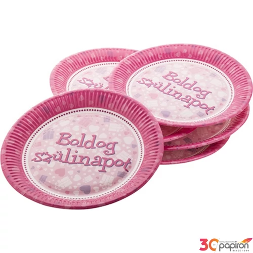 Party tányér papír 23cm Boldog szülinapot feliratos, rózsaszín (6db/csomag)