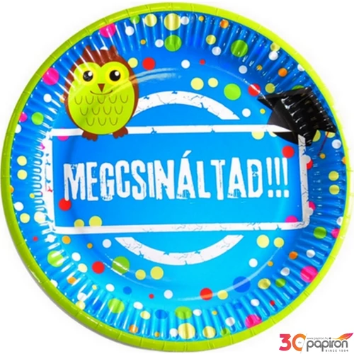 Party tányér Megcsináltad! - feliratos, Ballagásra-Diplomaosztóra baglyos mintával, 23cm 8db/csomag