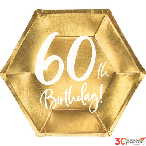 Party tányér papírból 60-as számmal, arany szín, 6db/csomag 
