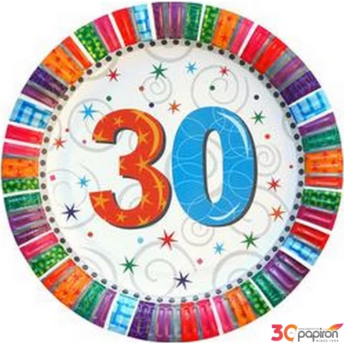 Party tányér Szülinapi Radiant 30-as szülinap számos parti tányér 23cm (6db/csomag) Happy Birthday