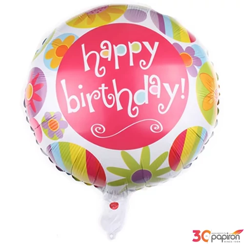 Partylufi fólia Happy Birthday keretes virágos gömb 45 cm