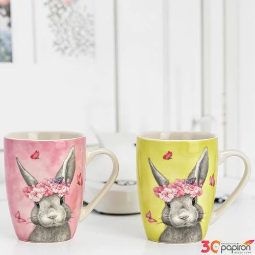 Porcelán bögre nyuszis 360ml rózsaszín/zöld kézzel festett (2-féle) 1db/ár SDGW26 tavasz húsvét nyá