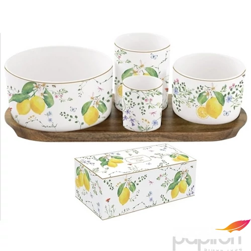 Kínálótálka szett Porcelán 4db-os akácfa tálcán 29x13cm dobozban Fleurs et Citrons