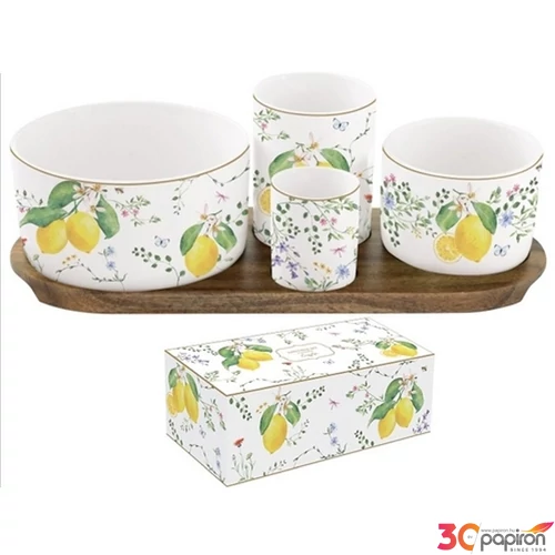 Kínálótálka szett Porcelán 4db-os akácfa tálcán 29x13cm dobozban Fleurs et Citrons