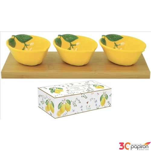 Porcelán tálkaszett Sárga citrom 3db-os, bambusztálcán 25x9,5cm, dobozban, Fleurs