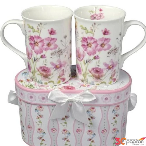 Bögre porcelán teás szett vadvirágos, díszdobozban masnival 2d/doboz