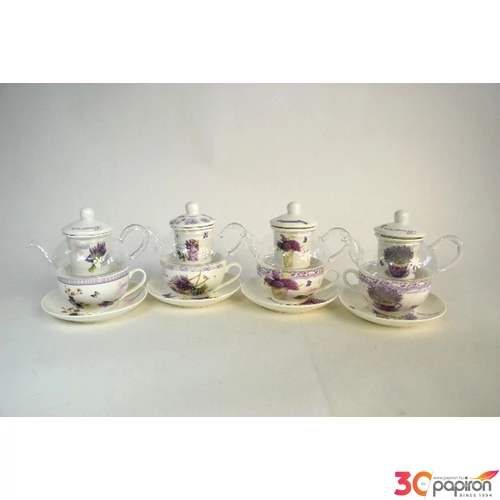 Porcelán teás szett Levendulás, Levendula mintás teás kanna+csésze+szűrő üveg-Porcelán