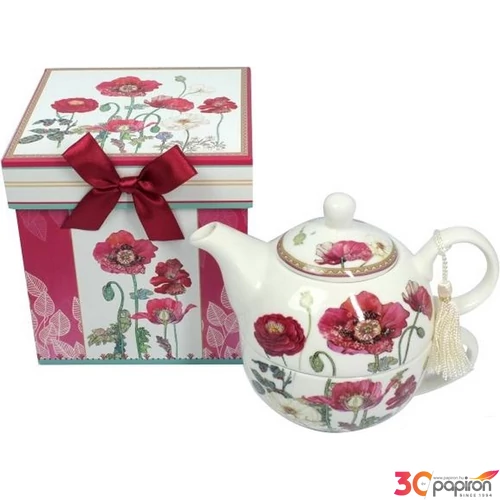 Porcelán teás szett Pipacsos 2,5 dl teás csésze + teás kanna díszdobozban masnival