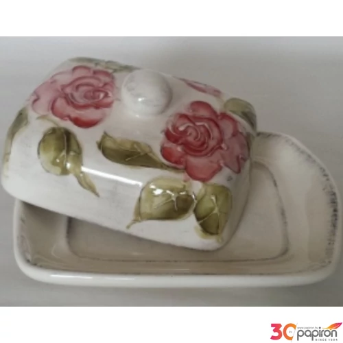 Vajtartó kerámia virágos 22x15x9cm bordó rózsás domború mintás kézzel festett