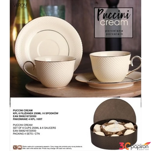 Porceláncsésze+alj 250ml Puccini krém, 6 személyes,dobozban 