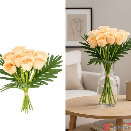 Selyemvirág művirág 35cm rózsacsokor barack 15szál 30x30x35cm DST5 zöld levelekkel dobcsokornak