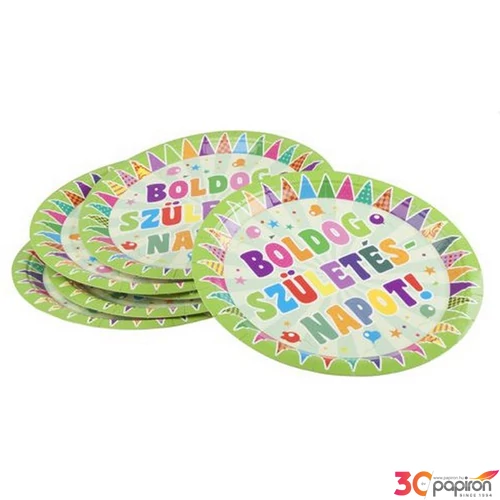 Party tányér papír 23cm Boldog Születésnapot feliratos, zászlós (6db/csomag)