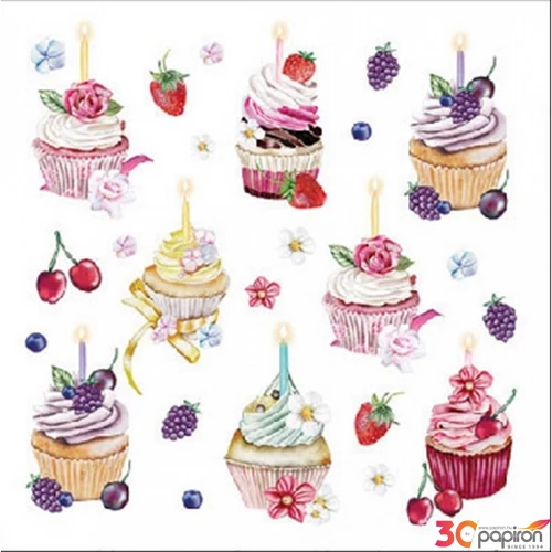 Szalvéta 25x25cm Fruity cupcakes white 20db-os 