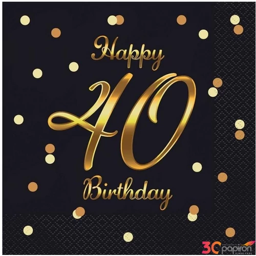 Szalvéta 33x33cm 20db/csomag, 3 rétegű Happy Birthday 40. fekete, pöttyös