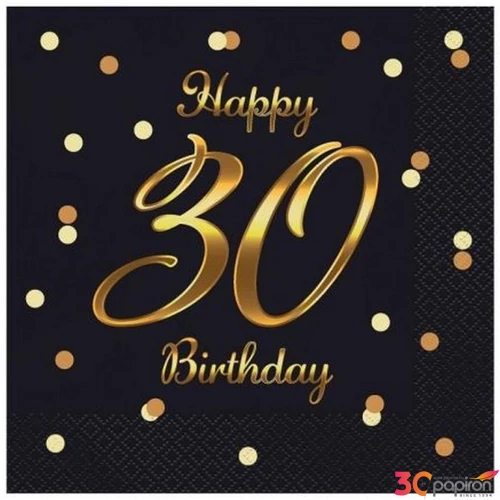 Szalvéta 33x33cm 20db/csomag, 3 rétegű Happy Birthday 30. fekete, pöttyös