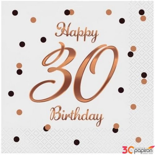 Szalvéta 33x33cm 20db/csomag, 3 rétegű Happy Birthday 30. fehér, pöttyös