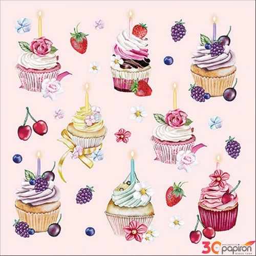 Szalvéta 33x33cm Fruity cupcakes pink 20db-os 