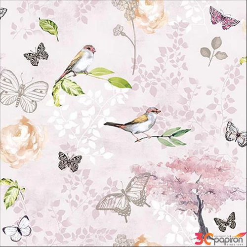 Szalvéta Ambiante Birds and butterflies pink, papír papírszalvéta 33x33cm,20db-os