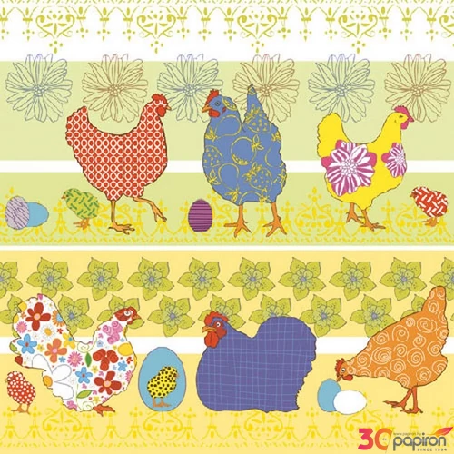 Szalvéta Ambiante Modern Chickens yellow dombornyomott 33x33cm, 3rétegű 20db/csomag