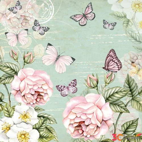 Szalvéta Ambiente Botantical Green, zöld virág-lepke mintás Szalvéta 33x33cm, 3rétegű, 20lapos