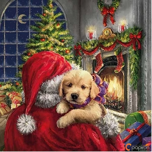 Szalvéta Ambiante karácsonyi Puppy At Fire papírszalvéta 33x33cm,20db-os