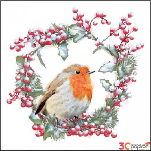 Szalvéta Ambiante Robin In Wreath papírszalvéta 33x33cm,20db-os