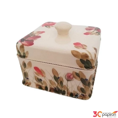 Szögletes doboz kerámia 13,5x13,5x11cm Televirágos,pipacs, kézzel festett