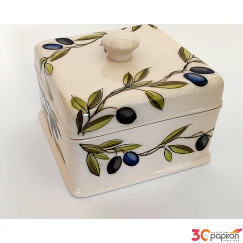 Szögletes doboz kerámia 13,5x13,5x11cm Violin olajbogyós kézzel festett