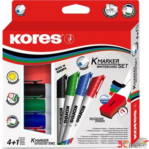 Táblamarker készlet Kores 1-3mm 4színű kerek hegyű+mágneses törlő Írószerek KORES 20863