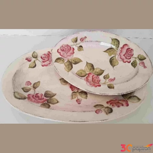 Tál ovális kerámia Domború mintás kicsi,virágos bordó kézzel festett 31,5x21x3,5cm