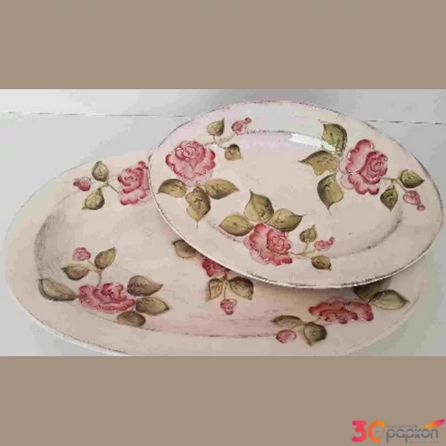 Tál ovális kerámia Domború mintás nagy,virágos bordó kézzel festett 43x27,5x4,5cm