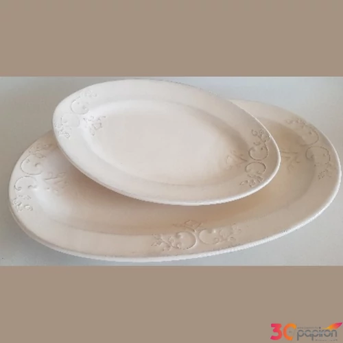 Tál ovális kerámia Romantik csipkés nagy, natur,kézzel festett 31x21x3,5cm