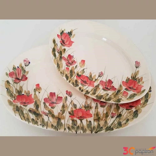 Tál ovális kerámia Tele virágos kicsi,pipacs kézzel festett-31,5x21x3,5cm