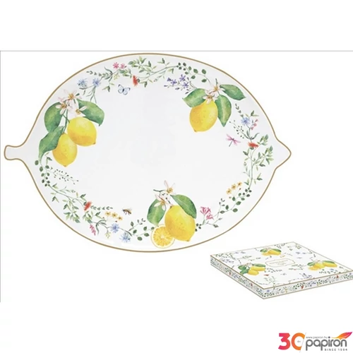 Tál porcelán 30x21,5cm, Fleurs et Citrons dobozban, Citromformájú